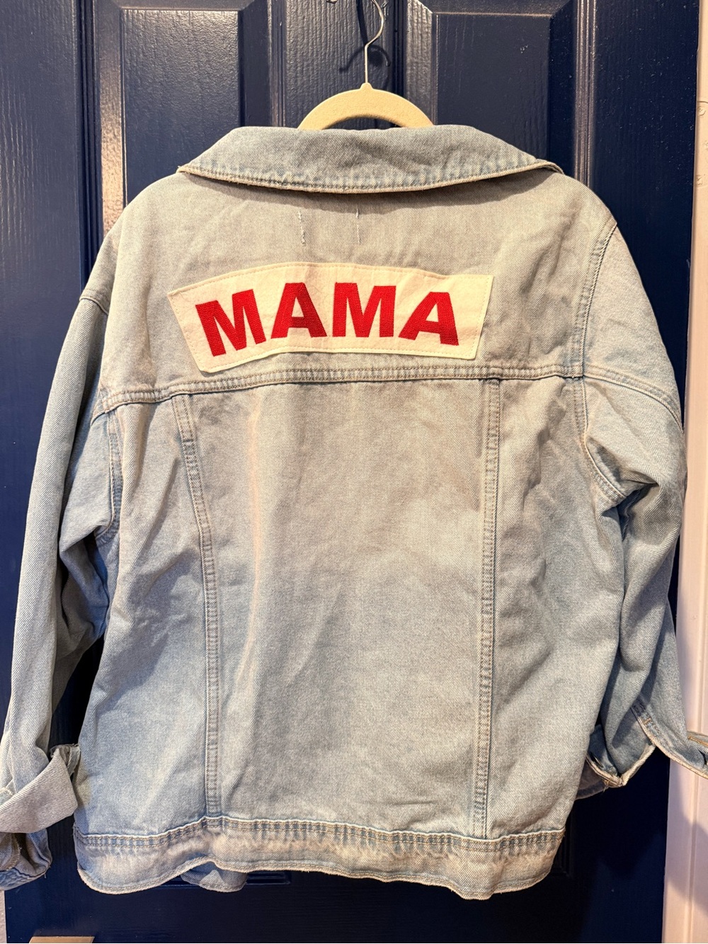 Isabel Maternity by Ingrid & Isabel Light Wash Denim Jacket with Red MAMA Patch